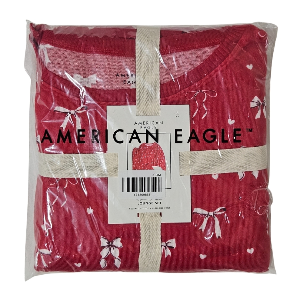 American Eagle Pajama Set Bow Print Women Ruby Kiss Luxe Plush NWT ❤ 🎀